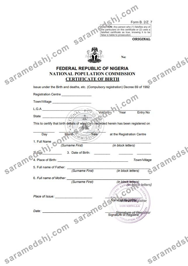Nigeria birth certificate template in Word and PDF format